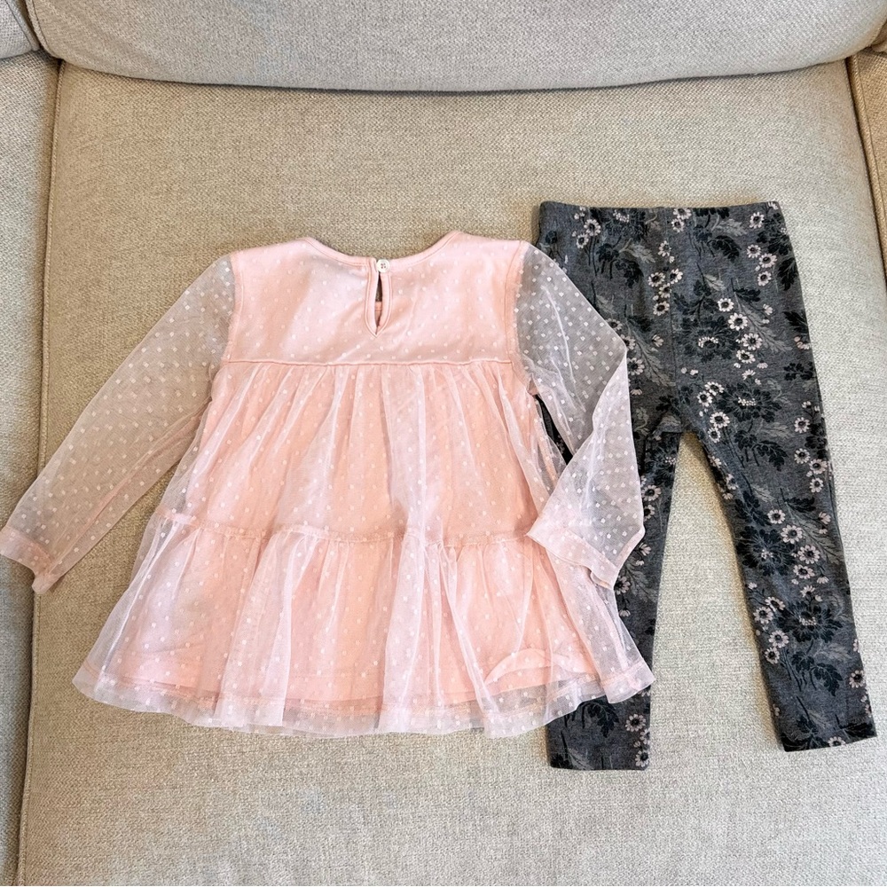 Calvin Klein Jeans Toddler Girl 18M Pink Swiss Dot Tulle Top,Floral Leggings Set - Picture 8 of 9